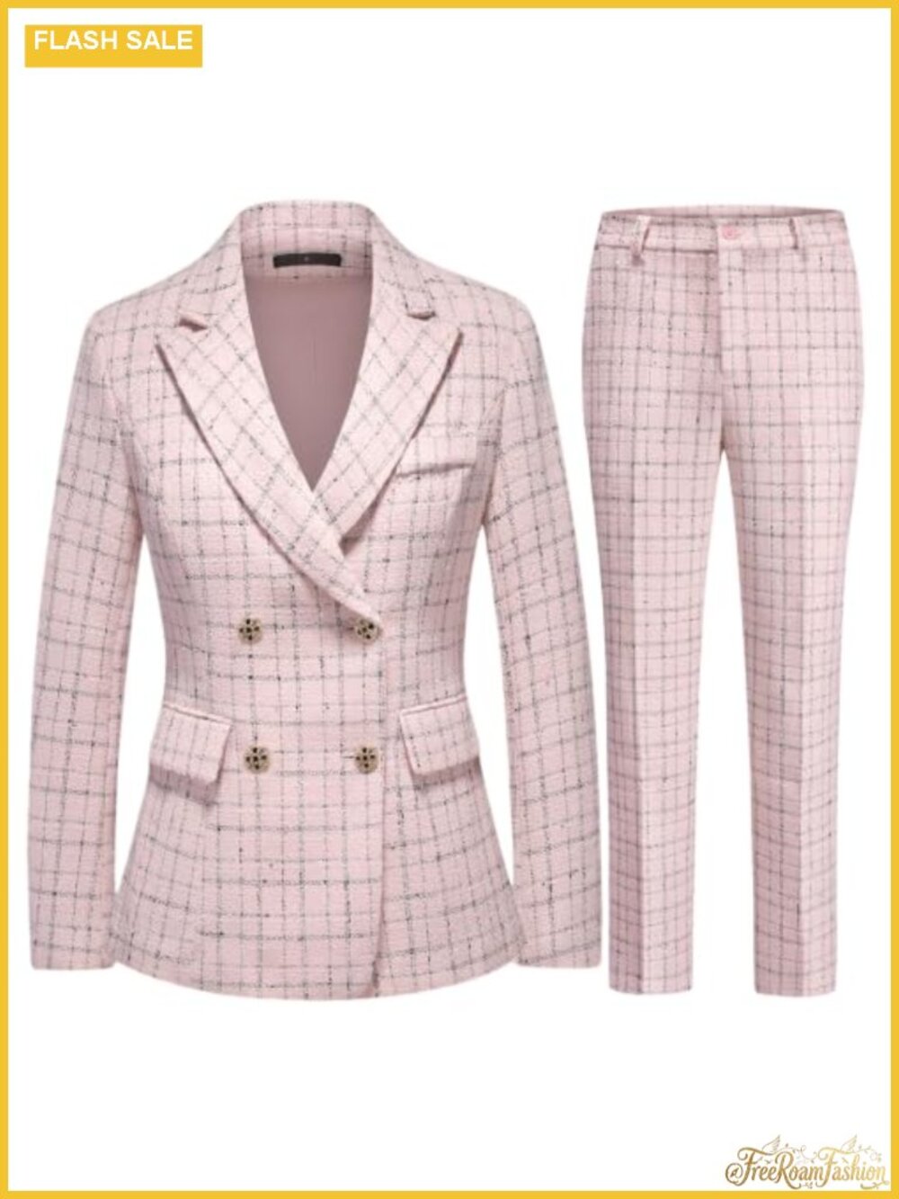 Women Plaid Suit Double Breasted Blazer Set Office Outfits Slim Fit